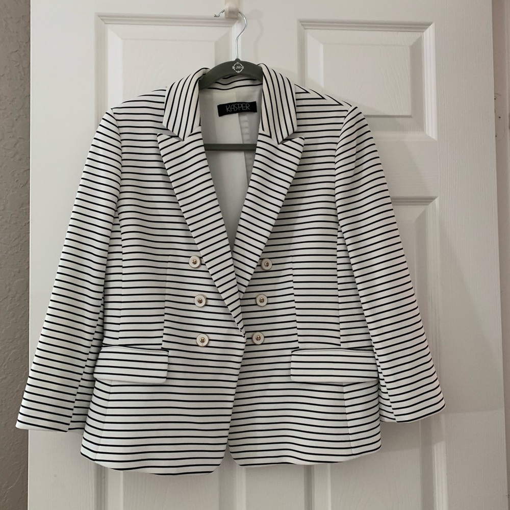 Kasper women’s black white notch lapel button flap pocket blazer jacket large